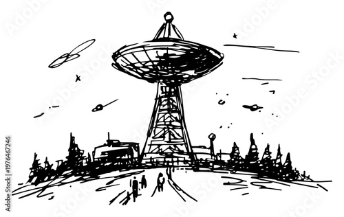 Large satellite dish radio telescope for space communication and astronomy hand drawn sketch