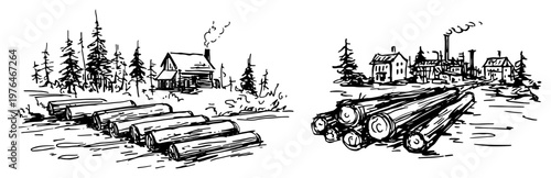 Piles of cut wood logs in front of forest and sawmill factory hand drawn sketch