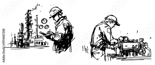 Industrial engineers working with refinery equipment and machinery in a hand drawn sketch style