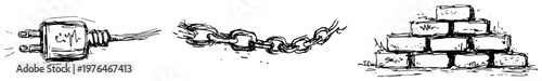 Industrial set with electrical plug metal chain and brick stack in hand drawn sketch style