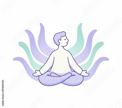 Spiritual vector illustration of a zen woman silhouette in a lotus meditation pose with chakra symbols and blue background for health and relaxation