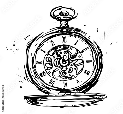 Vintage pocket watch with visible internal gears and mechanism sketch illustration