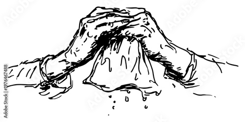 Hands wringing out wet cloth with water droplets falling hand drawn sketch