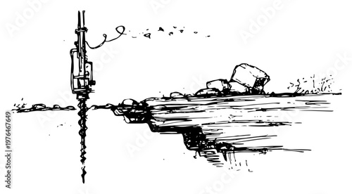 Ground drilling rig machine on rocky terrain in hand drawn sketch style
