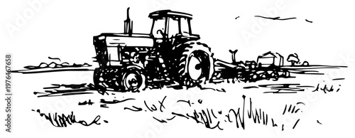 Farm tractor working on agricultural field in hand drawn sketch style