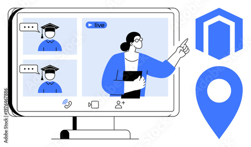 Online education, e-learning, virtual classrooms, distance learning, remote teaching, video conferencing. Tutor pointing to a screen with online graduates. Online education and e-learning concept