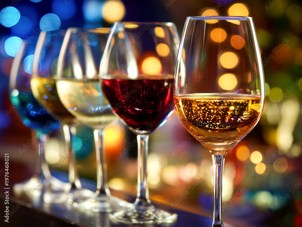Fototapeta premium Row of wine glasses with red, white, and blue wines on a dark background with colorful bokeh lights. Perfect for wine tasting, celebration, or restaurant menu presentation