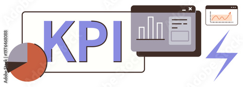 Business analytics, performance measurement, financial reporting, data analysis, goal tracking, productivity. Displays KPI text, charts and graphs. Business analytics and performance measurement