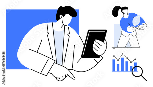 Business analysis, sustainability, technology, corporate growth, environmental awareness, digital innovation. Graphs, a professional with a tablet and a person holding a green leaf. Business