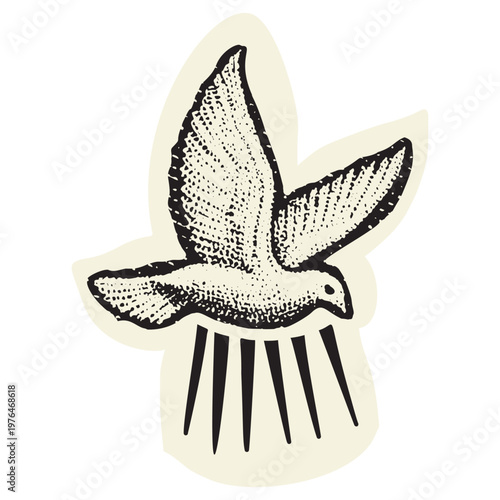 Hand drawn holy spirit biblical dove descending with light rays. Black and white vector illustration motif for christian bible study.