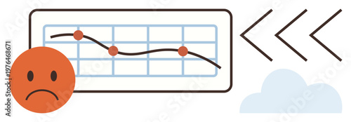 Business failure, economic downturn, market loss, financial crisis, sales drop, economic analysis. Graph with downward trend, sad face and arrows. Business failure and sales drop concept
