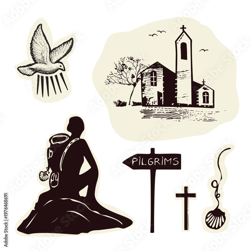 Hand drawn Camino symbols pilgrim icon set. Church, backpacker ,holy spirit dove scallop shell. Black white icon for european sacred journey illustration badge. Passport motif stamp collection.