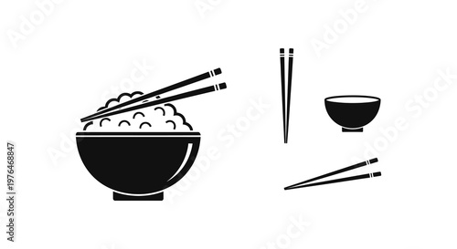 A black silhouette of rice a bowl and chopsticks on white background