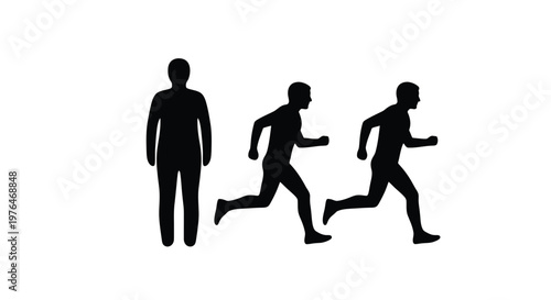 A series of three silhouetted figures demonstrates progression from inactivity to active running poses