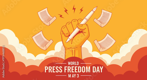 Press freedom day illustration hands raising newspapers against a golden backdrop