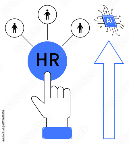 Hiring processes, workforce management, talent acquisition, HR analytics, AI automation, business trends. Human Resources symbol connected to individuals and AI chip. Workforce management and hiring