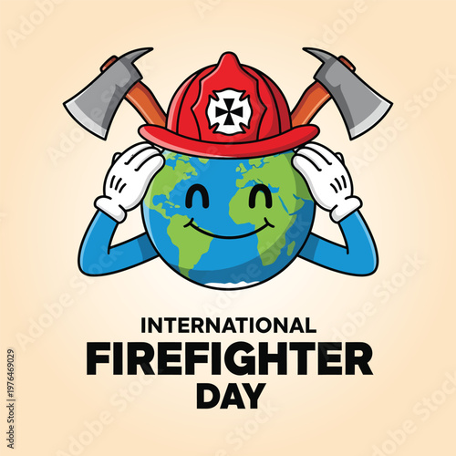 Title international firefighter day protecting our planet with courage and care description a cartoon earth wearing