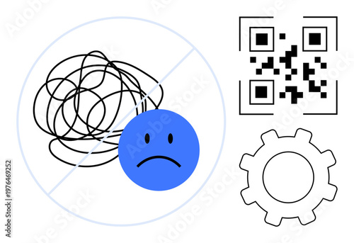 Problem-solving, technology, troubleshooting, QR code, user experience, process optimization. Tangled lines, sad face QR code and gear. Problem-solving and troubleshooting concept