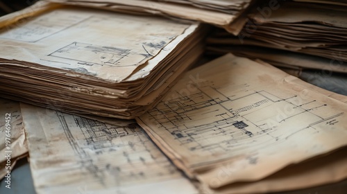 Stacks of old yellowed paper with faded blueprints and diagrams