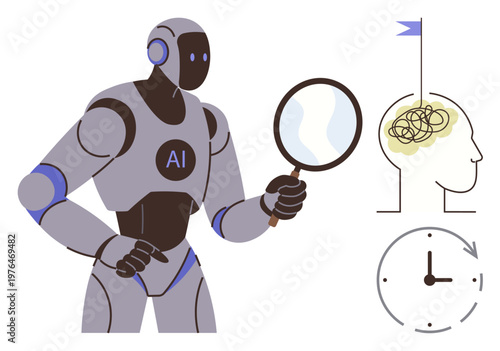 Artificial intelligence, cognitive analysis, data research, mental health, AI-powered diagnostics, time management. A robotic figure studying a brain and clock imagery. AI analysis and mental health
