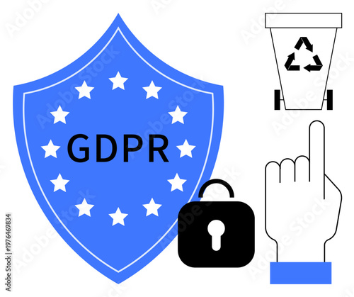 Data protection, online security, compliance, user consent, digital safety, privacy policies. Blue GDPR shield with stars, lock icon finger gesture and recycling bin. Data protection and online