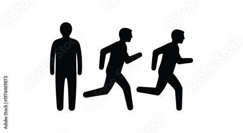 A minimalist depiction of three silhouetted figures two appearing to run and one standing still