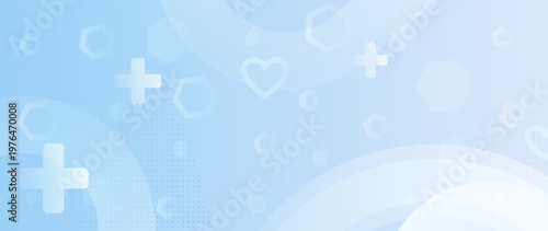 Abstract light blue healthcare background. Translucent medical crosses, hexagons, heart icons. Clean gradient design with soft glow. Modern medical backdrop for clinics, telemedicine, presentations