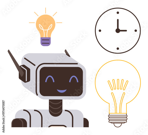 Innovation, creativity, technology, time management, robotics, artificial intelligence. Smiling robot alongside a lit light bulb and clock. Innovation and creativity concept