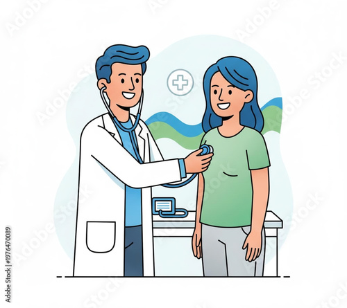 A professional medical team of smiling cartoon doctors and nurses provides healthcare to a senior patient with a stethoscope in a hospital clinic vector illustration