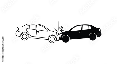 Car crash illustration depicting impact and damage black and white silhouette