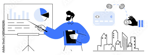 Financial management, business strategy, digital payments, economy visualization, data-driven decision-making, modern commerce. Man presenting chart, credit card city buildings. Financial management