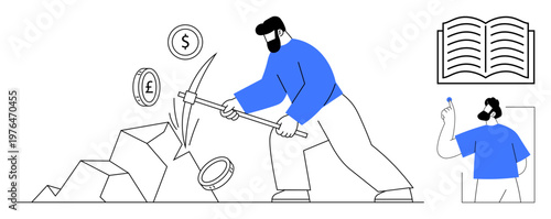 Cryptocurrency, digital finance, financial literacy, mining, blockchain technology, economic growth. A person breaking rocks to collect digital coins. Cryptocurrency and digital finance concept