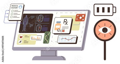 Digital healthcare, medical technology, patient monitoring, health diagnostics, electronic records, AI analysis. Computer screen showing medical data, charts and records. Digital healthcare
