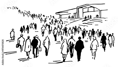 Crowd of people walking towards modern building entrance in minimalist sketch style