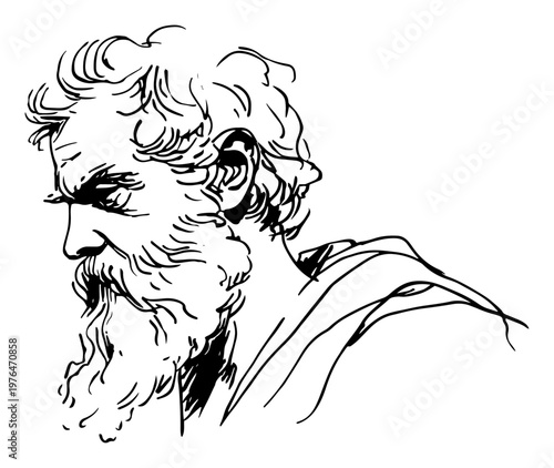 Old bearded man portrait profile in hand drawn line art style