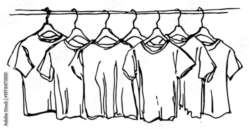 T-shirts hanging on clothes rack with hangers in minimalist sketch style