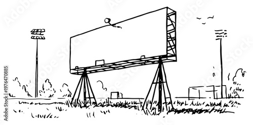 Blank billboard standing in sports stadium field in sketchy line art style