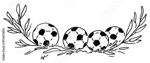 Soccer balls on grass with laurel leaf decoration in minimalist sketch style