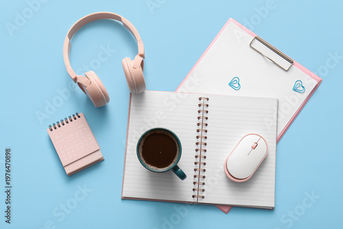 Cup of coffee, notebook and...