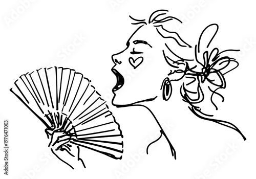 Woman with heart face paint holding fan and cheering in hand drawn line art style