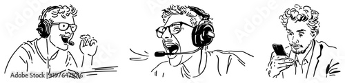 Man wearing headset talking and man looking at smartphone in hand drawn sketch style