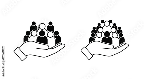 Two open hands cradling groups of people represented as simple black silhouettes illustrating care