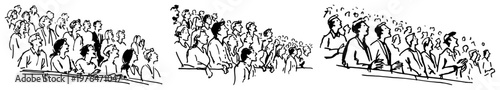 People sitting in rows looking up at screen or stage in hand drawn sketch style