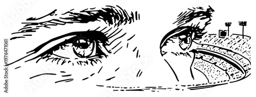 Human eyes reflecting football stadium arena in sketchy line art style