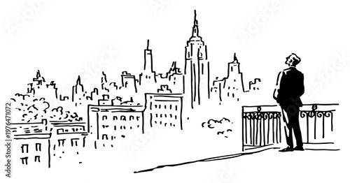 Man looking at urban city skyline from high balcony in hand drawn sketch style