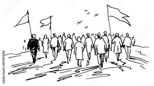 Crowd of people carrying flags and walking together in hand drawn sketch style