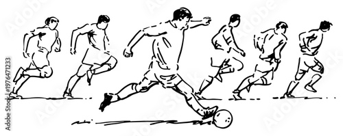 Soccer players in action running and kicking ball during match minimalist ink sketch style