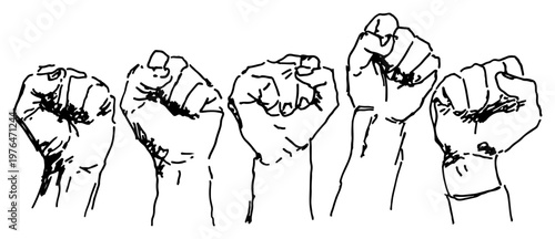 Clenched fists raised in air as symbol of power minimalist ink sketch style