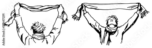 Sports fan holding team scarf above head in front and back view in hand drawn ink sketch style