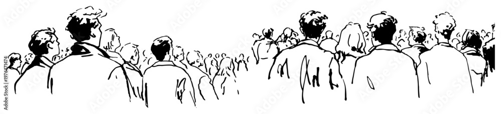 Obraz premium Panoramic crowd of people seen from behind in minimalist hand drawn ink sketch style